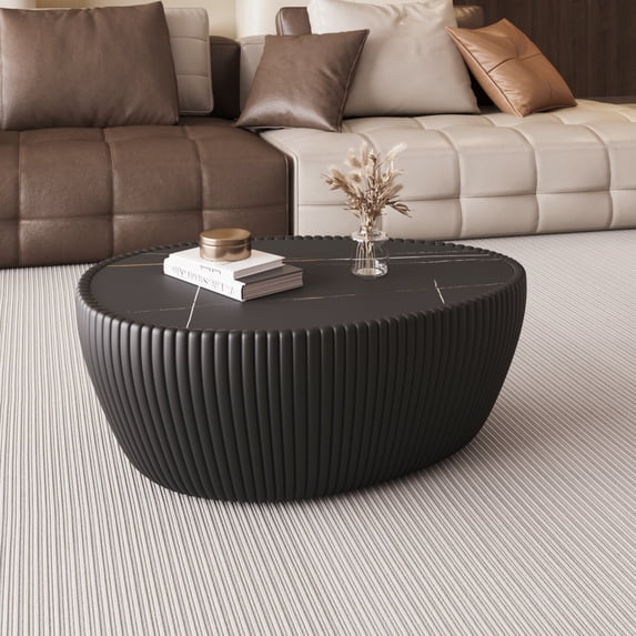32" Oval Coffee Table with Marble Top, Fluted PU Leather Center Table, Modern Minimalist Tea Table for Living Room, No Assembly, Black