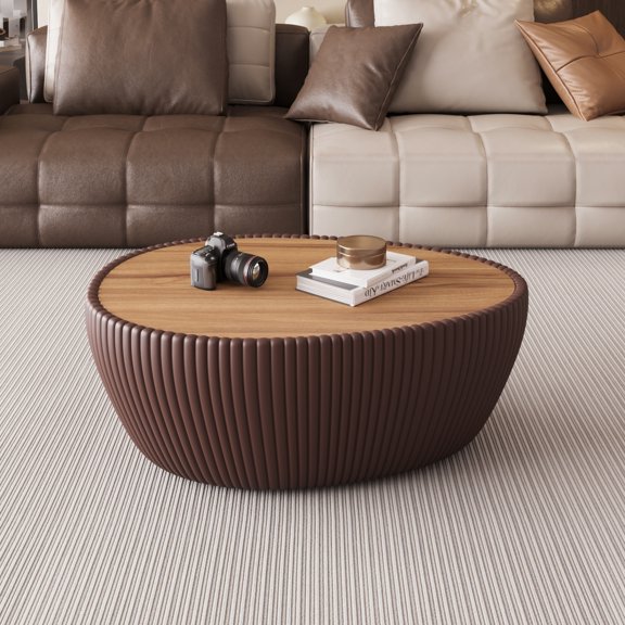 32" Oval Coffee Table with Marble Top, Fluted PU Leather Center Table, Modern Minimalist Tea Table for Living Room, No Assembly, Coffee