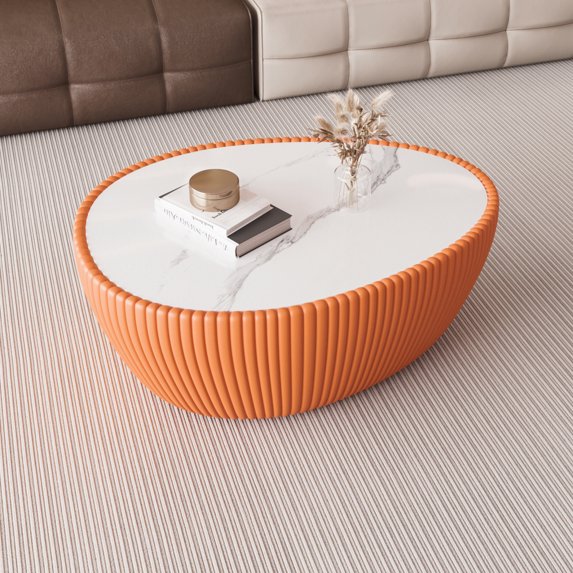 32" Oval Coffee Table with Marble Top, Fluted PU Leather Center Table, Modern Minimalist Tea Table for Living Room, No Assembly, Orange