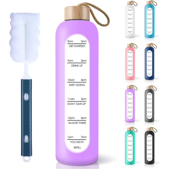 32 Oz Borosilicate Glass Water Bottle with Time Marker Reminder Quotes, 1 Liter Leak Proof Motivational Water Bottles with Sleeve and Lid (Violet)