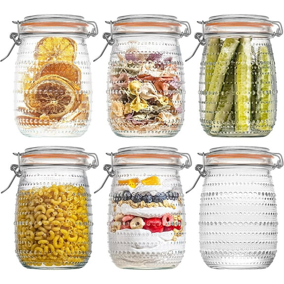 32 Oz Glass Mason Jars with Airtight Lids 6 Pack, Wide Mouth Canning Jars with Clip Top Lids for Kitchen Storage Pickling Salad Jams Coffee Beans