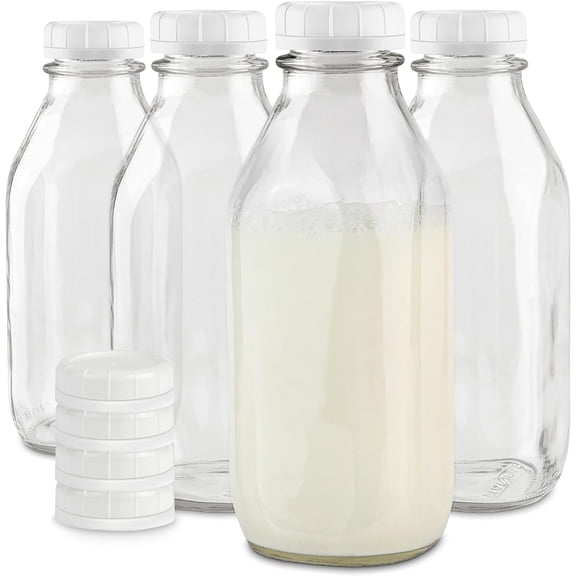 32-Oz Glass Milk Bottles with 8 White Caps (4 pack) - Food Grade Milk Jars with Lids - Dishwasher Safe - Bottles for Milk, Buttermilk, Honey, Maple Syrup, Jam, Barbecue Sauce- Stock Your Home