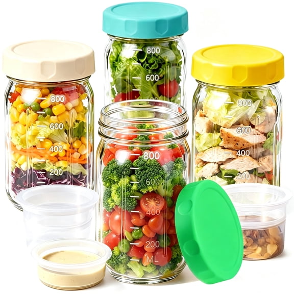 32 oz Glass Salad Jars 4 Pack, Mason Jars with 2 Built-in Dressing Compartments, Leakproof Glass Meal Prep Containers for Oatmeal Fruit Jam Portable Food Storage Jars