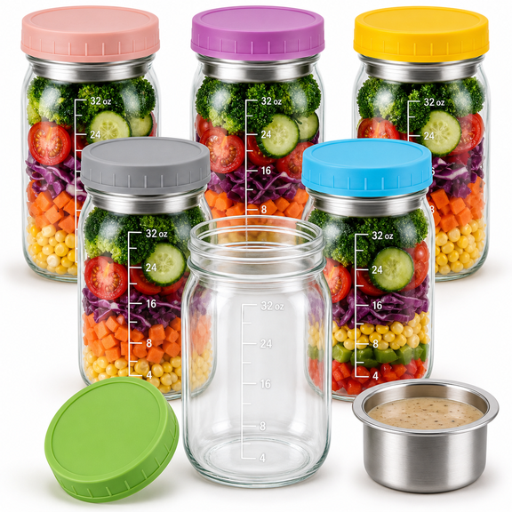 32 Oz Glass Salad Jars 6 Pack - Multicolor Meal Prep Container