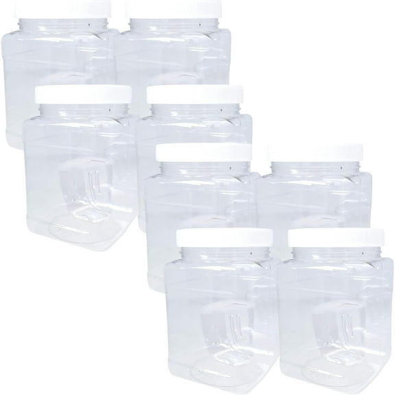 (32 Oz/Pack of 8 Jars) Clear PET Plastic Square Wide Mouth JARS with GRIP Handle and White Screw Caps, BPA Free, Multi-Use Empty Containers, Household Dried Food Canisters, Made in the USA