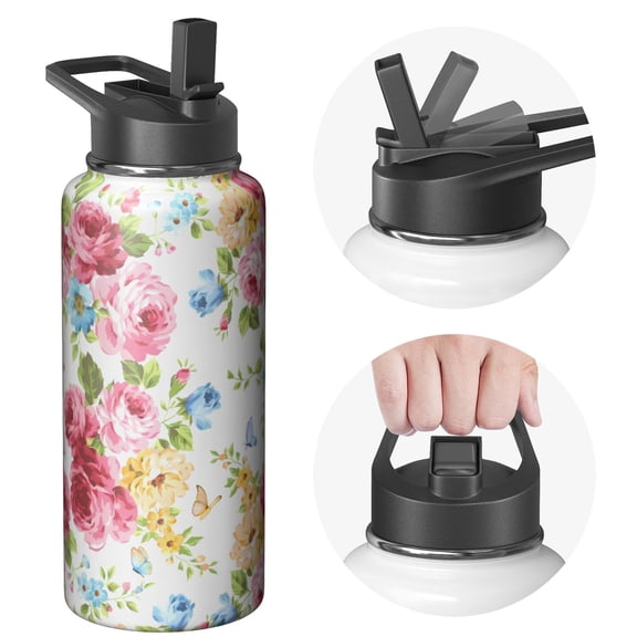 32 Oz Pioneer Insulated Water Bottle Colorful Floral Stainless Steel Double Walled Vacuum Sports Water Bottle Reusable Leak Proof BPA-Free Flask for Gym Camping Hiking Black