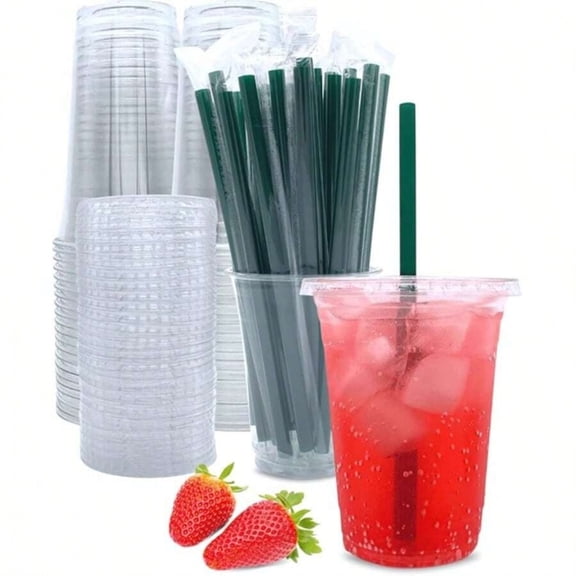 32 Oz Plastic Cups With Lids And Straws, Disposable Coffee Cups 25 Sets