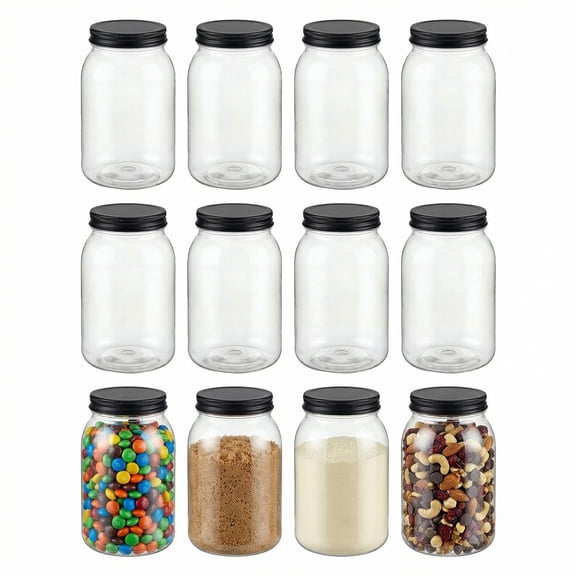 32 Oz Plastic Mason StorJars With Lids 12 Pack Clear 32oz Leak-proof Quart Containers For Kitchen And Homee (black)
