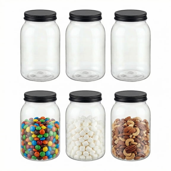 32 Oz Plastic Mason StorJars With Lids  6 Pack Clear 32oz Leak-proof Quart Containers For Kitchen And Homee (black)