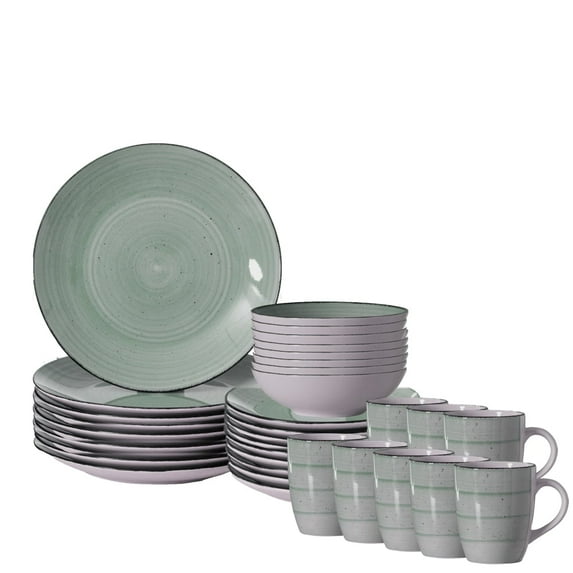 32 PC Spin Wash Dinnerware Dish Set for 8 Person | Mugs, Salad and Dinner Plates and Bowls Sets, Dishes with Highly Chip and Crack Resistant, Dishwasher and Microwave Safe, Green