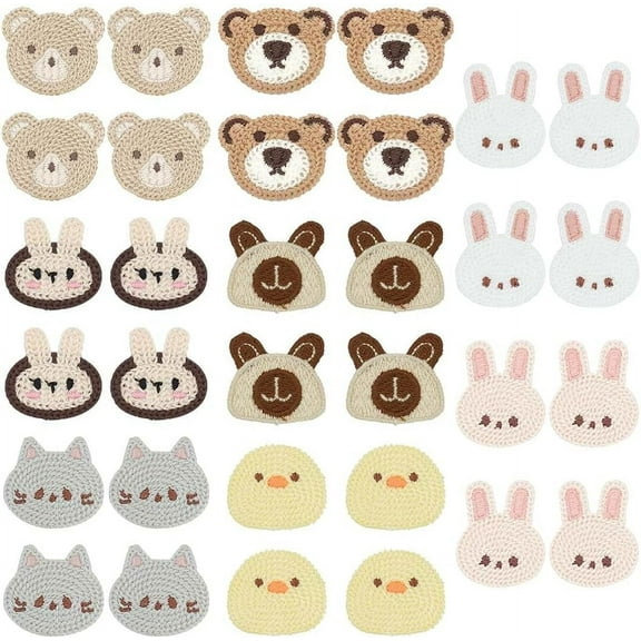 32 PCS 8 Style Crochet Animal Applique Rabbit Bear Chick Cat Polyester Embroidered Appliques 1.4x1.5 inch Cartoon Animal Embroidery Patches Sewing Craft Decoration Colorful DIY