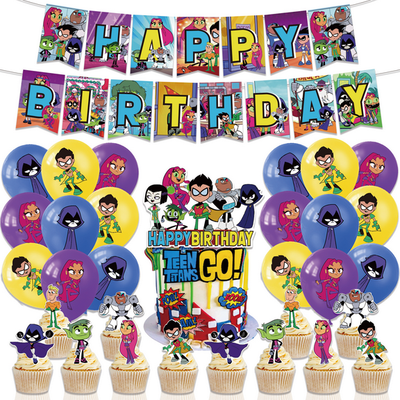 32 PCS For Teen Titans Birthday Party Decorations, With 1 Happy Birthday Banner Garland, 18 Balloons,13 Cupcake Toppers for decorative supplies set