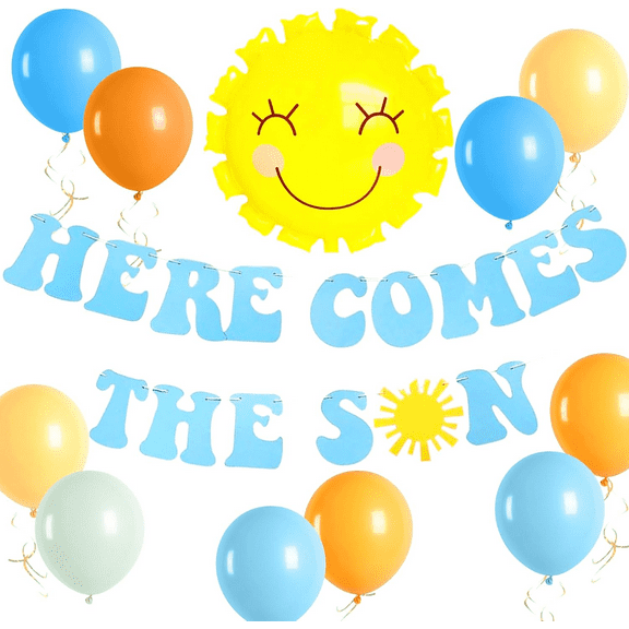 32 PCS Blue And Yellow Here Comes The Son Baby Shower Decor Here Comes The Son Baby Shower Banner Backdrop Decorations Sunshine Baby Shower Balloons Sun Balloon