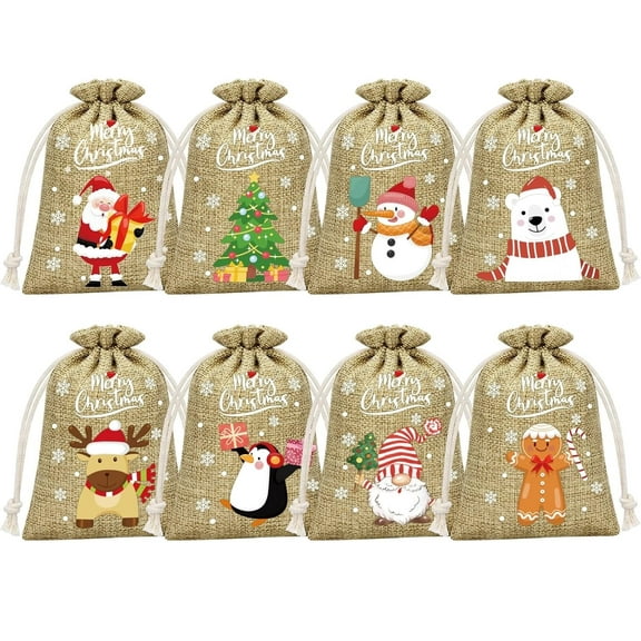 32 PCS Christmas Burlap Gift Bags, Christmas Linen Bags with Drawstring, Drawstring Gift Bags Small Jute Christmas Candy Bags, Linen Snack Bags Gift Wrap Bags Christmas Holiday Party Favor Bags