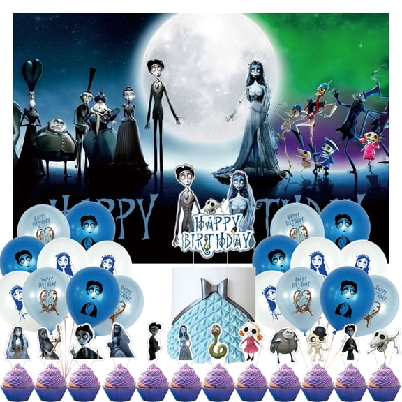 32 PCS For Corpse Bride Movie Theme Birthday Party Decorations Set,With 13 Cupcake Toppers 5*3ft Birthday Backdrop Decorations,18 Balloons,All-in-One Party Supplies Party Favor Set