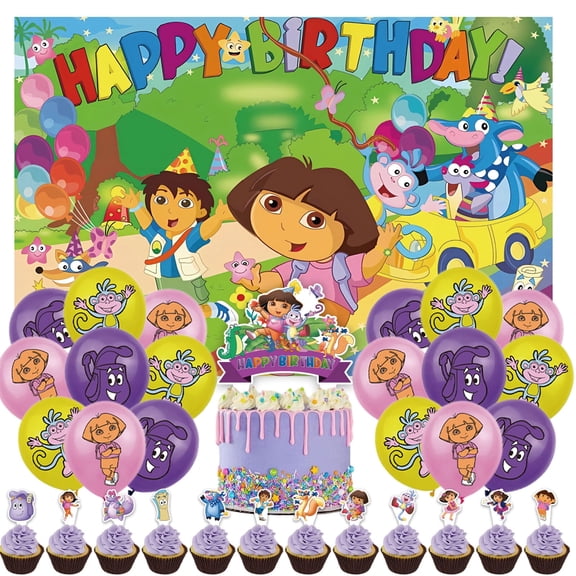 32 PCS For Dora the Explorer Cartoon Theme Party Decorations Set,With 5*3ft Birthday Backdrop Decorations,18 Balloons,13 Cupcake Toppers,for Boy Girls Party Supplies Set