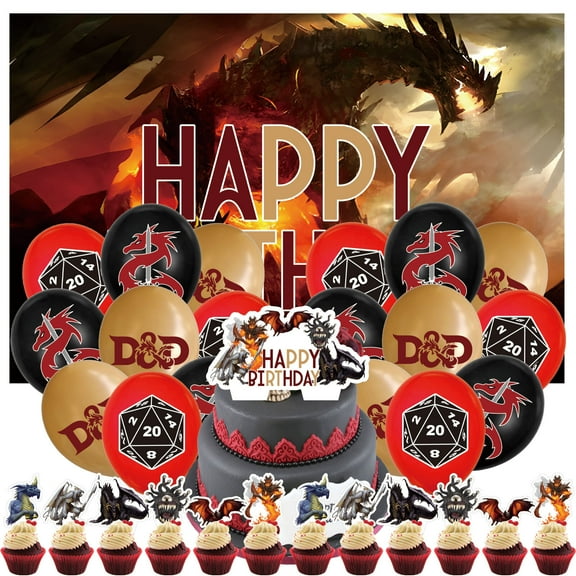 32 PCS For Dungeons and Dragons Theme Birthday Party Decorations,With 1 Cake Topper,18 Balloons,12 Cupcake Toppers,1 Backdrop Decorations For Party Decorations Supplies