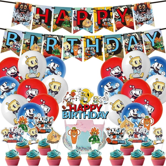 32 PCS For Cuphead Theme Birthday Party Decorations,With 18 Balloons,1 Happy Birthday Banner Garland,13 Cupcake Toppers,for Party Decorations