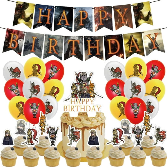 32 PCS For Dark Souls Theme Birthday Party Decorations,With 1 Happy Birthday Banner ,18 Balloons,13 Cupcake Toppers for Party Decorations