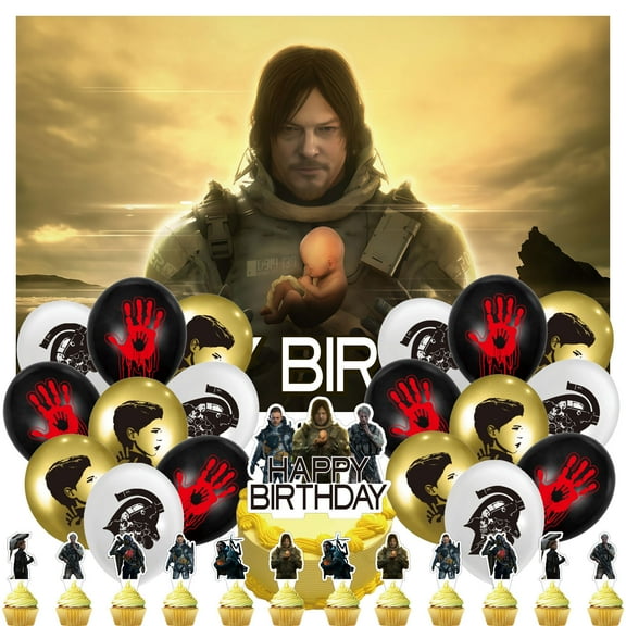 32 PCS For Death Stranding-Themed Party Decoration Set Includes Banner 18 Balloons for Festive Celebrations, 13 Cupcake Toppers, and