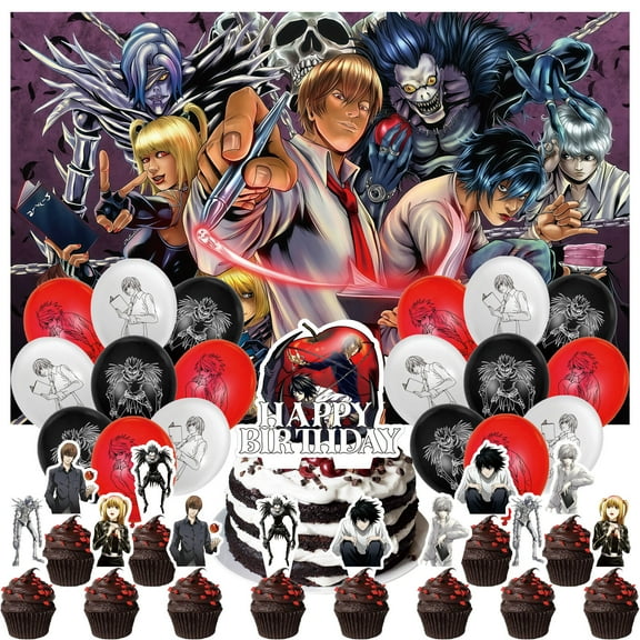 32 PCS For Death Theme For Note Party Decorations,Includes 5*3ft Birthday Backdrop,18 Balloons,13 Cupcake Toppers for Birthday Party Decorations