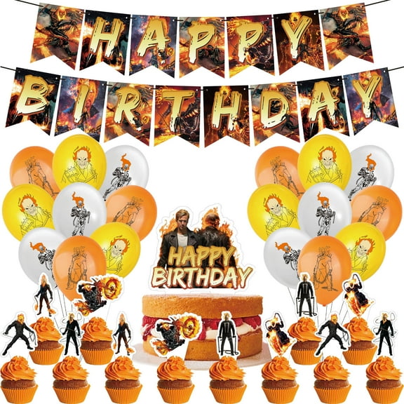 32 PCS For Ghost Rider Birthday Party Decorations, With 18 Balloons,1 Happy Birthday Banner ,13 Cupcake Toppers for Decorative Supplies Set