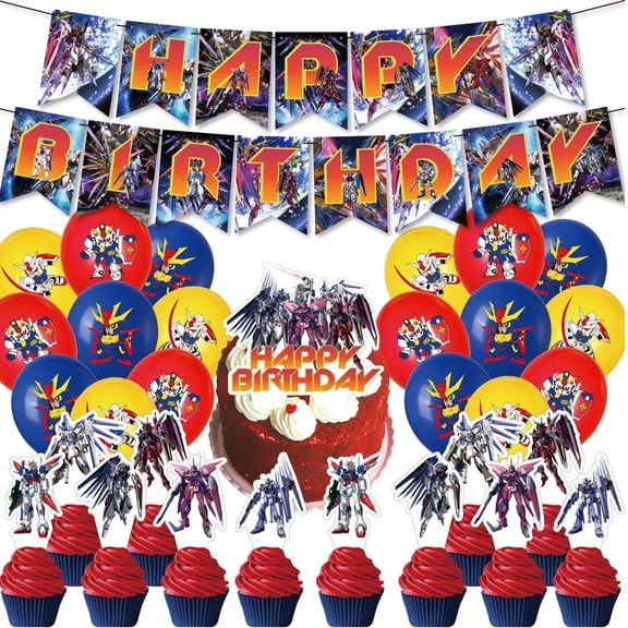 32 PCS For Gundam Cartoon Themed Birthday Party Decorations Set  Includes Banner, Cake Topper, 18 Balloons, 12 Cupcake Toppers and Party Supplies