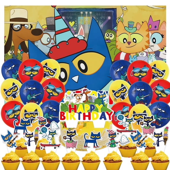 32 PCS For Pete Cat Cartoon Themed Birthday Party Supplies, Includes Backdrop, Cake Topper, 18 Balloons, and 12 Cupcake Toppers Party Decorations Set