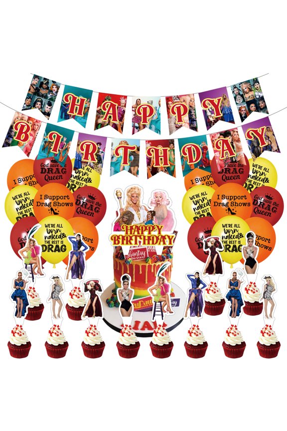 32 PCS For RuPaul's Drag Race Theme Birthday Party Decorations,With 1 Happy Birthday Banner ,18 Balloons,13 Cupcake Toppers for Party Decorations