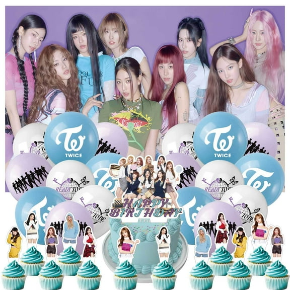 32 PCS For South Korean Girl Group Party Decoration Kit Includes Backdrop Cloth, 18 Balloons for Themed Celebrations, 13 Cupcake Toppers