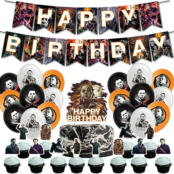 32 PCS For Halloween Michael Myers Birthday Party Decorations, with 13 Cupcake Toppers for Decorative Supplies Set 1 Happy Birthday Banner Garland,18 Balloons