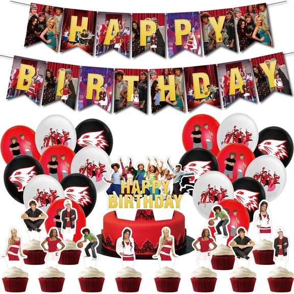 32 PCS For High School Musical Movie Theme Party Decorations Set,With 1 Happy Birthday Banner,18 Balloons,13 Cupcake Toppers Balloons,for Boy Girls Party Supplies Set