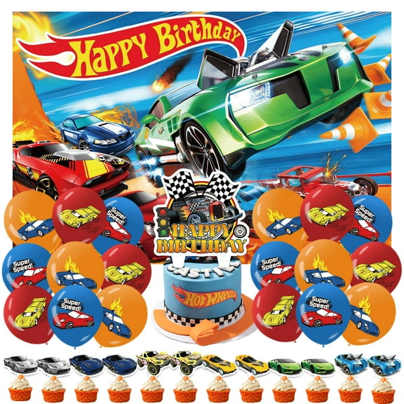 32 PCS For Hot Cat Theme For Wheels Birthday Party Decorations,With 12 Cupcake Toppers,18 Balloons,1 Cake Topper,1 Backdrop Decorations for Party Decorations