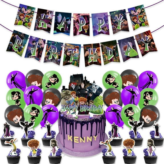 32 PCS For Hotel Transylvania Theme Birthday Party Decorations,With 1 Happy Birthday Banner Garland,13 Cupcake Toppers,18 Balloons,All in One Party Supply Set