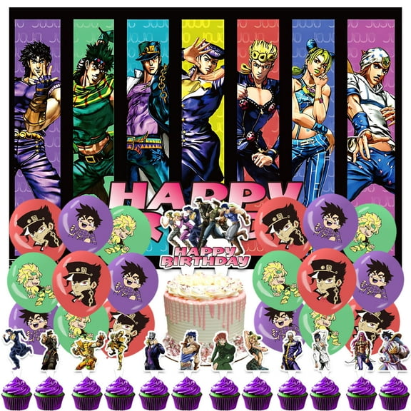 32 PCS For Jojos Bizarre Adventure Theme Party Decorations,With 5*3ft Birthday Backdrop Decorations,13 Cupcake Toppers Balloons,18 Balloons,for Birthday Party Decorations