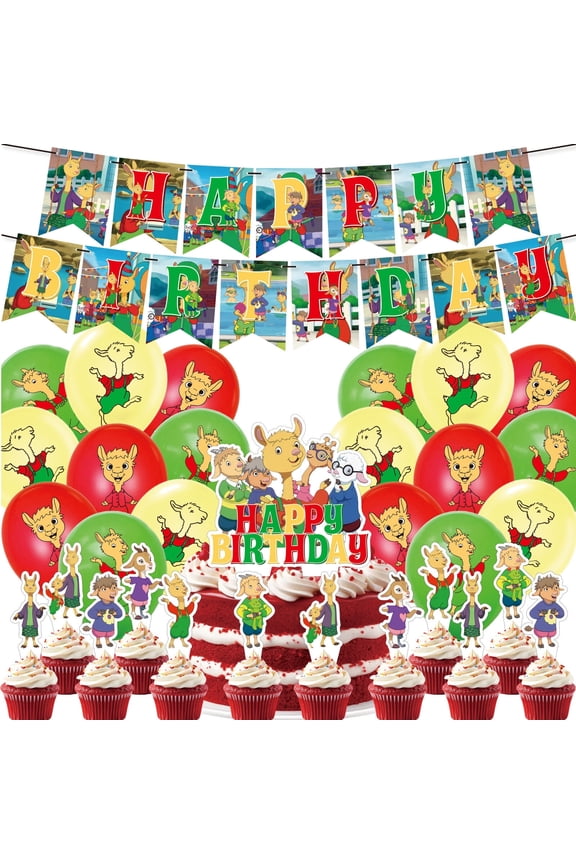 32 PCS For Llama Llama Red Pajama Cartoon Themed Party Decorations and Favors Set Banner, 18 Balloons and 13 Cupcake Toppers for Celebration Birthday Parties Supplies