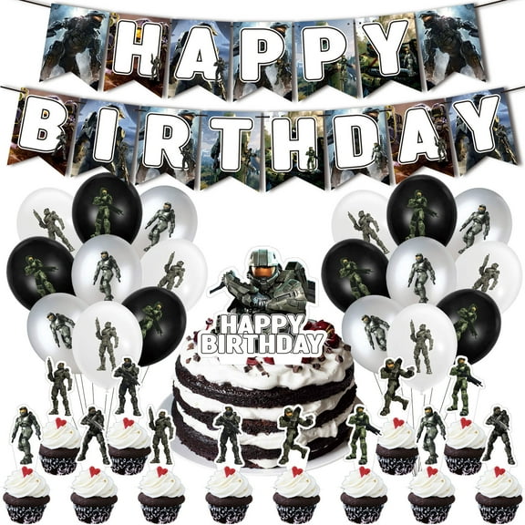 32 PCS For The Master Chief Theme Birthday Party Decorations Set with 13 Cupcake Toppers,All-in-One Celebration Party Kit Supplies 1 Happy Birthday Banner,18 Balloons