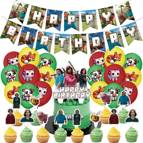 32 PCS For Minecraft Movie Games Theme Party Decorations Set,With 1 Happy Birthday Banner,18 Balloons,13 Cupcake Toppers Balloons,for Boy Girls Party Supplies Set