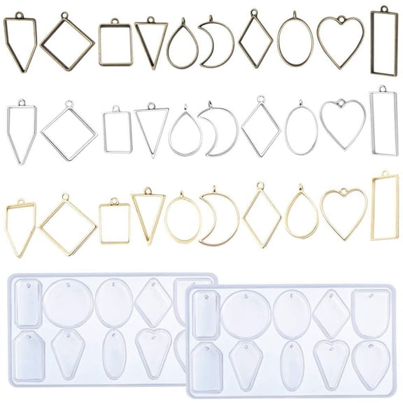 32 PCS Open Bezel Pendants Charms Resin Moldsand Silicone Molds, SourceTon Jewelry Findings DIY Pressed Flower Frame Assorted Geometric Hollow Trays