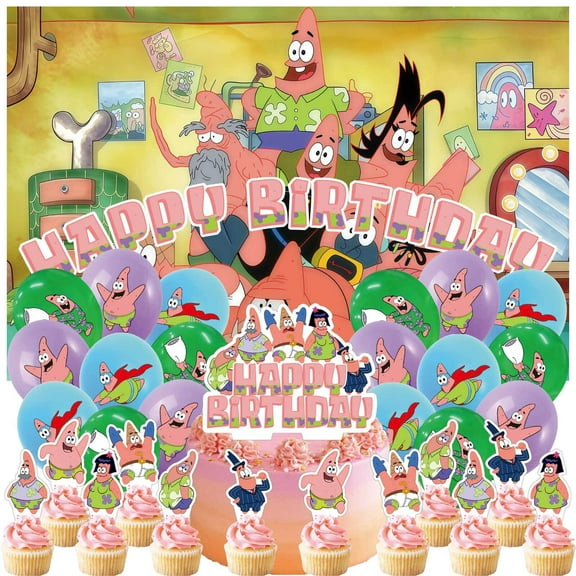 32 PCS For Patrick Star Theme Party Decoration Set Includes Backdrop Cloth, 13 Cupcake Toppers, and 18 Balloons for Festive and Birthday Celebrations
