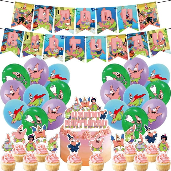 32 PCS For Patrick Star Theme Party Decoration Set Includes Banner, Cake Topper, 12 Cupcake Toppers, and 18 Balloons for Festive and Birthday Celebrations Party Supplies