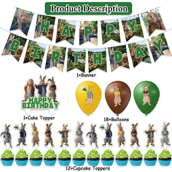 32 PCS For Peter Rabbit Cartoon-Themed Party Decoration Set Includes 12 Cupcake Toppers for Festive Celebrations 18 Balloons, Banner, Cake Topper, and