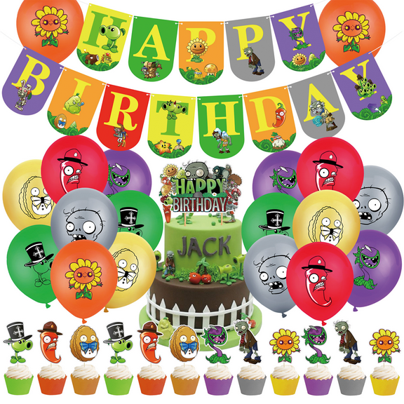 32 PCS For Plants and Zombies Birthday Party Decorations, With 1 Happy Birthday Banner Garland,18 Balloons,13 Cupcake Toppers for decorative supplies set