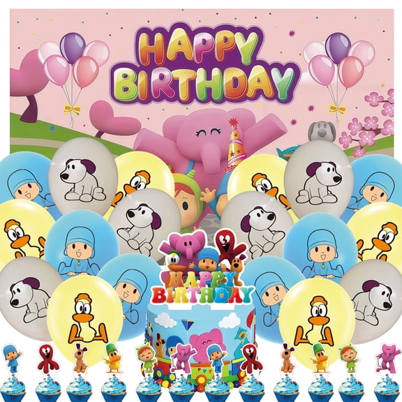 32 PCS For Pocoyo Cartoon Themed Birthday Party Supplies, Includes Backdrop, Cake Topper, 18 Balloons, and 12 Cupcake Toppers for Festive Celebrations Party Decoration