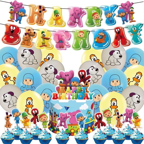 32 PCS For Pocoyo Cartoon Themed Birthday Party Supplies, Includes Banner, Cake Topper, 12 Cupcake Toppers, and 18 Balloons for Festive Celebrations Party Decoration