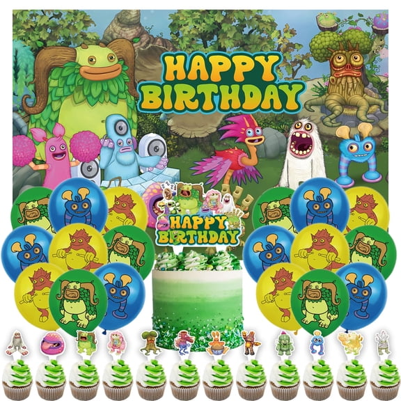 32 PCS For My Singing Monsters Cartoon Themed Birthday Party Supplies, Includes Backdrop, Cake Topper, 18 Balloons, and 12 Cupcake Toppers for Festive Celebrations Party Decoration