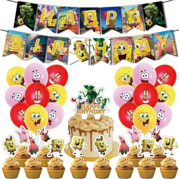 32 PCS For SpongeBob Theme For SquarePants Movie Games Party Decorations Set,With 1 Happy Birthday Banner,18 Balloons,13 Cupcake Toppers Balloons,for Boy Girls Party Supplies Set
