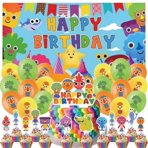 32 PCS For Super Simple Songs Theme Birthday Party Decorations,With 1 Cake Topper,12 Cupcake Toppers,18 Balloons,1 Backdrop Decorations For Party Decorations Supplies