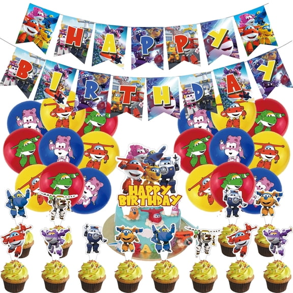 32 PCS For Super Wings Cartoon Theme Party Decorations Set,With 1 Happy Birthday Banner,18 Balloons,13 Cupcake Toppers Balloons,for Boy Girls Party Supplies Set