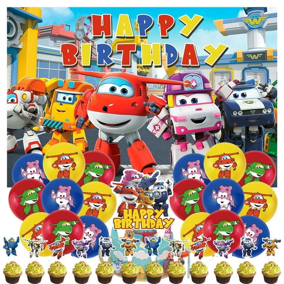 32 PCS For Super Wings Cartoon Theme Party Decorations Set,With 5*3ft Birthday Backdrop Decorations,18 Balloons,13 Cupcake Toppers Balloons,for Boy Girls Party Supplies Set